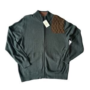Southern Pines Full Zip Cotton Quilted Shoulder Cardigan Sweater Green L NEW